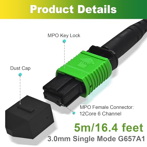 Image of 2Pcs 5m MPO Fiber Optic Patch Cord, Single Mode Cable Jumper Plug, Female to Female, 12 Core 6 Channel Type B, APC end face, LSZH 3.0mm G657A1, Compatible with 8 Core 4 Channel MPO