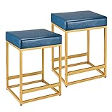 FLYZC Blue Bar Stools Set of 2, 24 inch Blue Counter Stools with PU Leather, Square Modern Barstools Backless, Blue Counter Height Bar Stools for Kitchen Counter Support 350 LBS