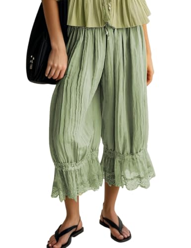 Women Lace Trim Long Bloomers Y2k Elastic Waist Lace Patchwork Pettipants Pantaloons Slip Cropped Pants
