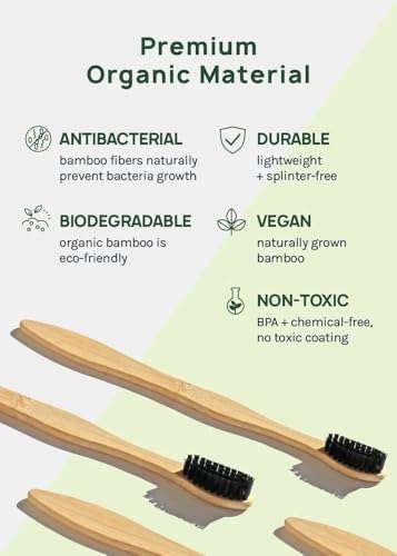 Image of Eco Friendly Bamboo Toothbrush Pack of 6 | Ultra Soft Charcoal Bristles | Biodegradable Wooden Toothbrush | Plastic Free Tooth Brush for Adults & Kids | Oral Care Set