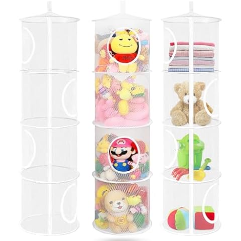 coastal rose 3Pcs Stuffed Animal Storage Foldable Stuffed Animal Net or Hammock Organizer, 4 Compartments Hanging Toy Storage Organizer, Toy Organizer for Kid Room Toys, Gloves, Hats, Socks(White) Cover