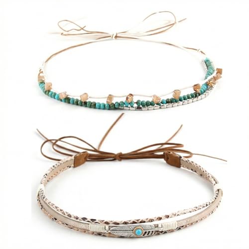 Bmpzery 2 Pack Cowboy Hat Bands for Women Men Western Turquoise Beaded Hats Band & Boho Hat Band Adjustable Replacement Hat Accessories for Cowboy and Cowgirl Hats