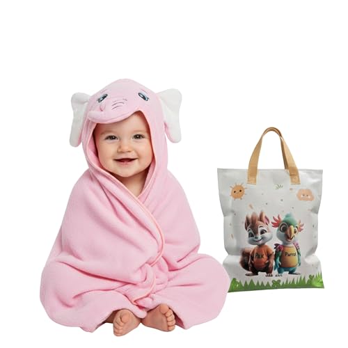 Image of Ultra-Soft Baby Hooded Towel - Coral Velvet Wrap Your Little One in Softness and Joy, Hypoallergenic & Super Absorbent Bath Wrap for Newborns & Toddlers | Cute Animal Design (0-5 Years)(Pink Elephant)
