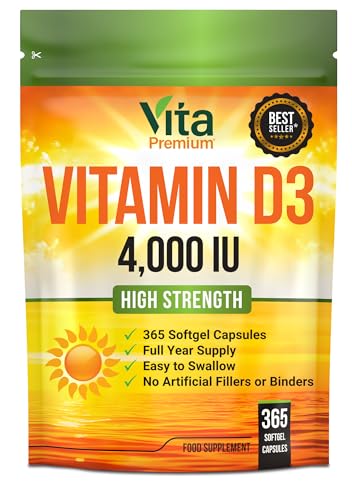 Vitamin D 4 000 IU Gel Capsules High Strength Vitamin D3 Supplement 365 Easy to Swallow Tablets - Full Year Supply