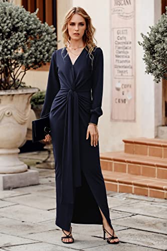 Prettygarden Women's Spring Long Sleeve Maxi Bodycon Dresses V Neck Twist Front Ruched Cocktail Evening Dress With Slit (Navy,X-Large) #TOP6