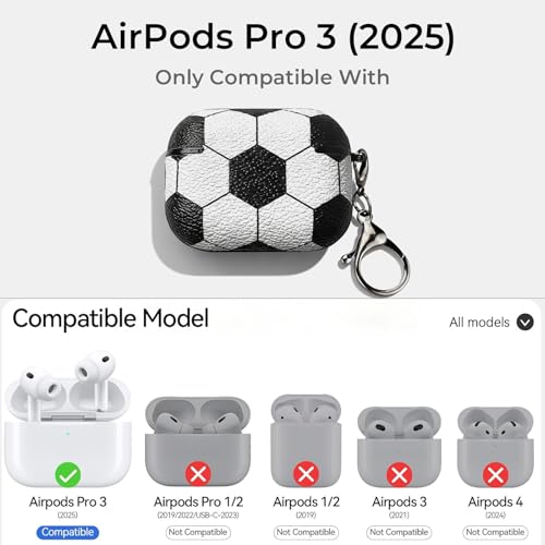 Image of Sport Soccer Case for AirPods Pro 3 Case 2025, Premium PU Leather Protective Cover with Keychain, Shockproof Hard Shell Skin for Men Women Boys (Football Design)