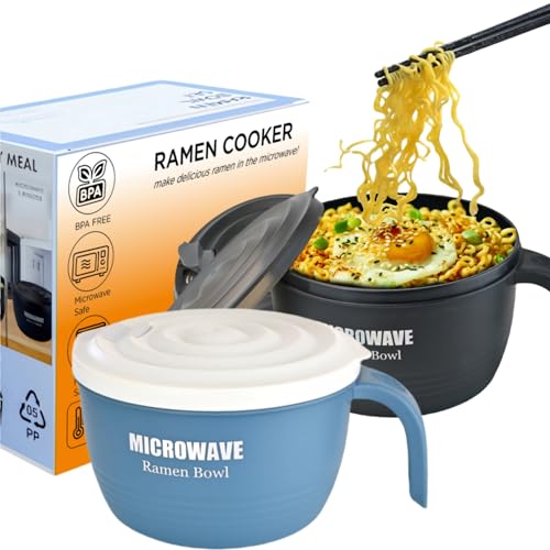 Layron 2 Sets Microwave Ramen Cooker Bowl 45 oz Instant Noodle Bowl with Handles Ramen Noodle Cooker with Spoon Chopsticks Fork Knife College Dorm Room Essentials for Boys Girls (Black, Blue) by Layron - Used condition - US$18.01