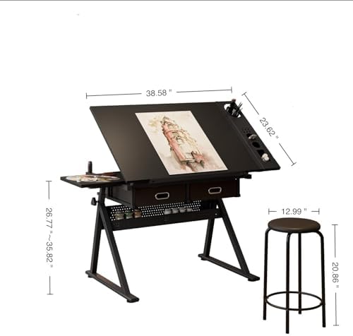 Adjustable Drafting Table Desk with 2 Drawers & Stool - Perfect for Home Office & School, Black Art & Design Workspace Furniture