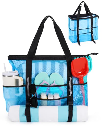 WANDF Mesh Beach Bag for Women, Family Pool Bags for Cruise (XL Blue)