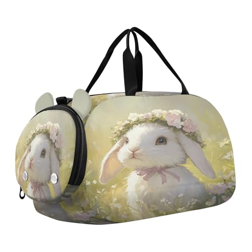 Flower Rabbit Beige Kids Travel Duffel Bag for Boys Girls Overnight Weekend Tote Bag with Shoes Compartment for Gym Sports Dance