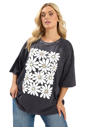 Image of Yours Curve Grey Acid Wash Boxy Daisy Print T-Shirt - Women's - Plus Size Curve