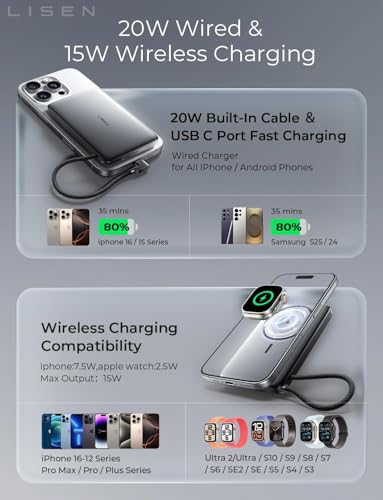 LISEN 0.5'' Ultra Slim MagSafe Power Bank for iPhone and Apple Watch,10000mAh MagSafe Battery Pack,Alloy Magnetic Portable Charger for iPhone 16 Pro Max Plus/15, Apple Watch S11 /S10 S9 SE,Grey
