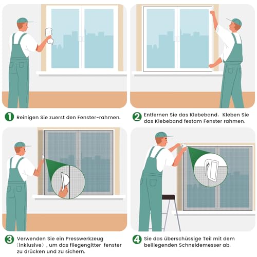 Fliegengitter Fenster ohne Bohren,DIY 210x250cm,2 Stück,Kann auf die Gewünschte Größe Zugeschnitten werden,Verdicktes Netz,Insektenschutz Fenster mit Klettband+Zuschneider+Presshilfe,Schwarz