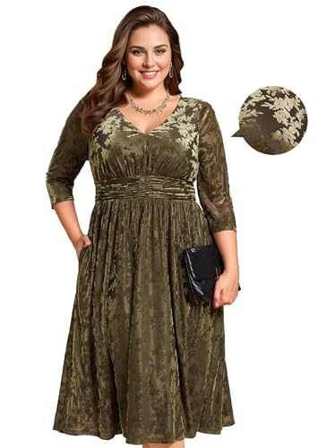 Ever-Pretty Women's 3/4 Sleeves Mid Jacquard Elastic Plus Size Velvet Casual Wedding Guest Dresses with Pockets 02284-DAPH
