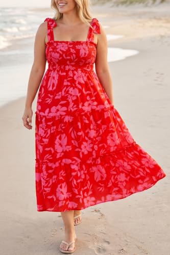 Image of Plus Size Summer Dress - Sun Boho Beach Casual Floral Tiered Smocked Long Maxi Dresses