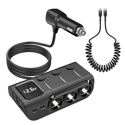 Hoembpn 120W Cigarette Lighter Splitter Adapter 3 Socket/USB/PD with Switch and LED Voltmeter,12V/24V Multi USB Car Charger Power Outlet Extension Lead with 1M 5A USB C to USB C Spring Charger Cable