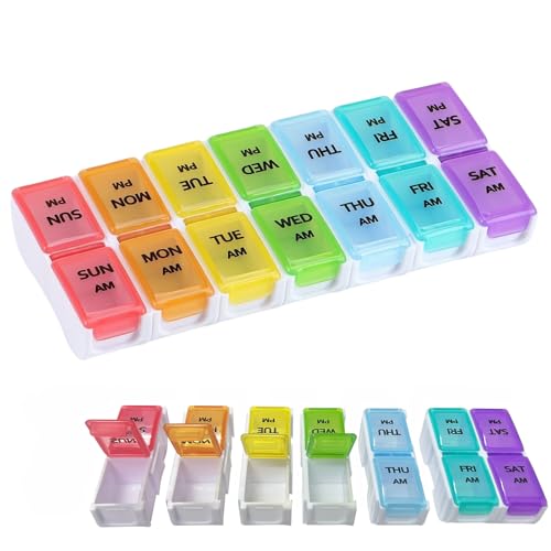 GUZHAIREN 7-Day Pill Box with 14 Removable Compartments, Pill Boxes 7 Day 2 Times a Day for AM PM, Daily Medication, Weekly Pill Organiser, Tablet Organiser for Travel (Multicolor)