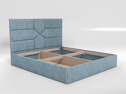 Image of Acacia Modern Upholstered King Size Bed with Box Storage for Bedroom | Wooden Double Bed with Storage | Platform Cot Bed with Upholstery Premium Fabric | 6.5 x 6 Ft | Sheesham Wood (Light Blue)