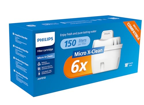 Philips Water Lot de 6 cartouches de filtre à eau Goût + - Compatibles Brita - Réduit la microplastique, le chlore et les métaux lourds