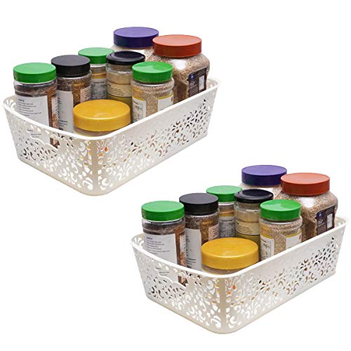 Image of Cutting Edge Essentials Plastic Storage Baskets /Shelf /Turkish Rack without Lid - Set of 2 for Fruit Vegetable Bathroom Stationary Home Basket with Handle (Cream, Medium)