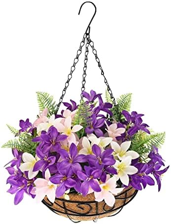 Aoemie Artificial Flowers in Hanging Baskets, 12inch Hanging Basket with Artificial Silk Flower Fake Hanging Flowers Plants in Basket Artificial Silk Lily for Outdoor Indoor Patio Lawn Garden Decor