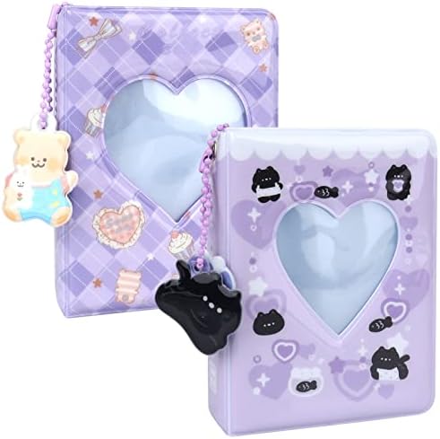 2 Pack Photocard Holder Heart Hollow, 3 Inch Photo Card Holders with Pendant, Mini Kpop Album Photo Albums Book, Travel Photo Card Binder Love Kpop Albums, 40 Pockets (Purple)