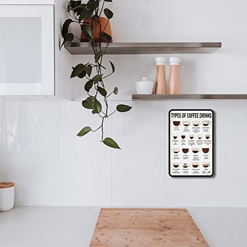 Vintage Coffee Sign for Bar and Menu - Metal Tin Wall Decor With Types of Drinks - Retro Poster for Cafe, Living Room, Kitchen - Home Gift Plaque Decoration