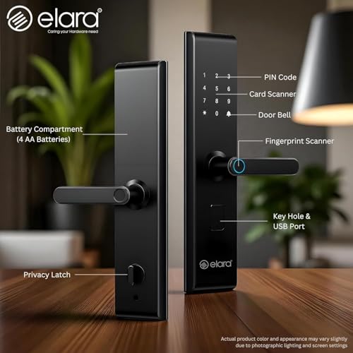 Image of Elara Echo Lite Basic Smart Door Lock - 6-in-1 Access: Fingerprint, Card, PIN, Keys & Non-WiFi, Black (2-Year Warranty) (Basic)