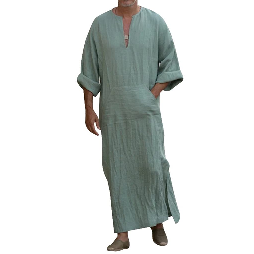 Albornoz de algodón y lino para hombre bata larga de color sólido cuello en V talla 2XL