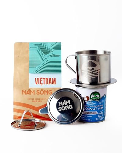 Nam Song Vietnamese Coffee Maker Set – 8oz Stainless Steel Phin Filter with 220g Ground Vietnam Roast & Vegan Coconut Condensed Milk – No Paper Filters Required