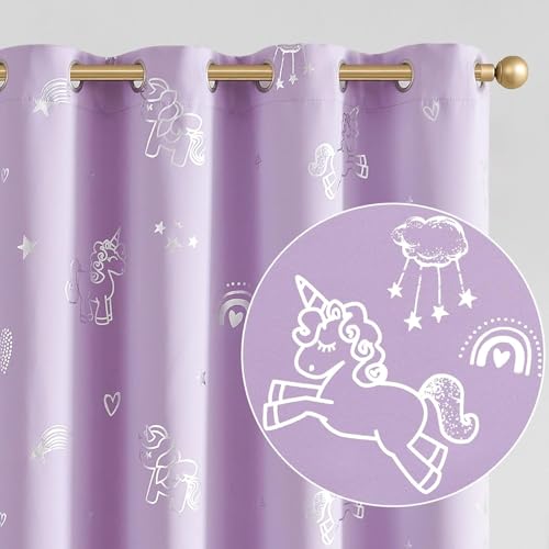Image of BFAM Kids Blackout Curtains 9 feet Set of 1 - 100% Room Darkening, Thermal Insulated, Noise Reducing, Cute Unicorn Lilac Prints, Eyelet Curtains for Playroom, Bedroom & Nursery, Pack of 1 Curtain