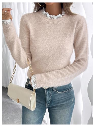 MakeMeChic Women's Faux Fur Lace Fuzzy Sweater Mock Neck Long Sleeve Pullover Tops3