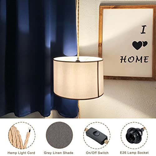 Plug In Pendant Light, Hanging Lamp With 14Ft Hemp Cord Grey Linen Lampshade, On/Off Switch,Boho Hanging Light Fixtures For Bedroom Living Room Kitchen Island #TOP1