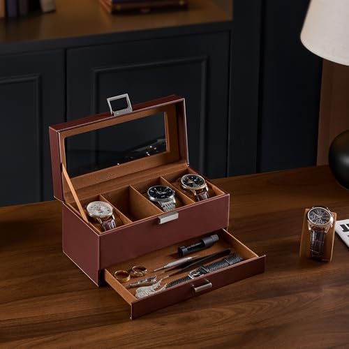 ProCase Caja para 4 Relojes, Estuche de Reloj de Doble Nivel con Tapa de Cristal, Organizador para Relojes, Anillos y Pulseras, Regalo Ideal para Navidad, Cuero Sintético -Marrón - imagen 5