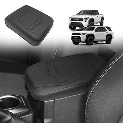 Muslogy Center Console Armrest Cover Fit for 2024 2025 2026 Toyota Tacoma Accessories, Comfort Armrest Pad Console Lid Cushion Protector Vegan Leather Regular Thick(Black/Black Trim)