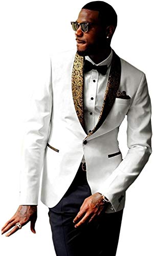 Men's Suits 2 Piece Slim Fit Premium Formal Jacquard Gold Paisley Floral Pattern Shawl Lapel Tuxedo Prom for Wedding Groom