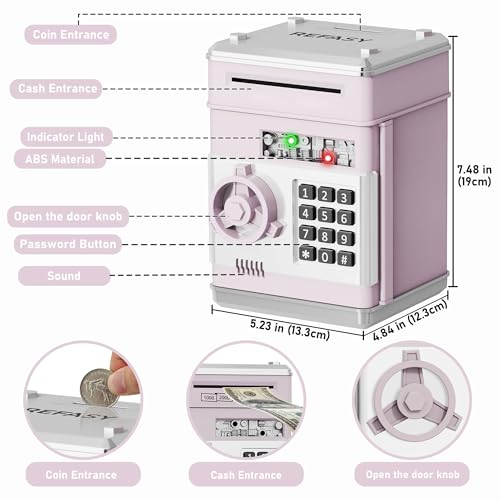 Image of Refasy Piggy Bank Cash Coin Can ATM Bank Electronic Coin Money Bank for Kids Age 3-12, Money Savings Box Mini ATM Coin Bank Toys Gifts for 3 4 5 6 7 8 9 10 11 12 Year Old Boys Girls