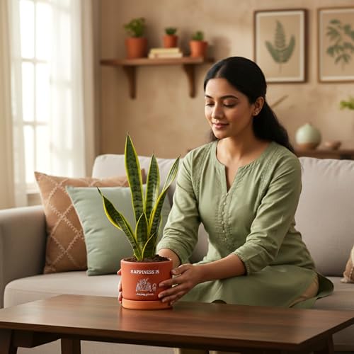 Image of Urban Plant Happy Plant Terracotta Pot with Saucer (5 Inch) | inchPlants Make People Happy inch Printed Clay Planter | Indoor Decorative Pot with Drainage Hole for Tabletop, Desk & Home Decor