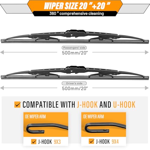 Image of AUTOBOO Windshield Wiper Blade Replacement for Ford E150 E250 E350 | Fits Ford E150 E250 E350 2003-2014 & Honda Element 2003-2010, 20 inch+20 inch, 2-pack, OEM quality, all-season