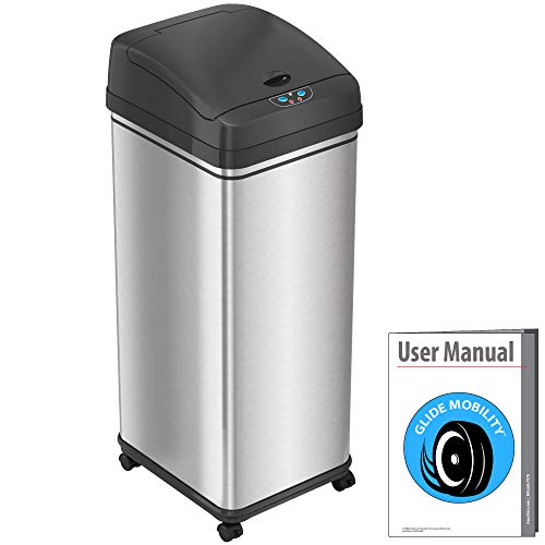 iTouchless Glide 13 Gallon Sensor Garbage Can with Wheels & Odor Control System, Stainless Steel, Automatic Kitchen & Office Trash Bin, Powered by Battery or Optional AC Adapter, Both Not Included