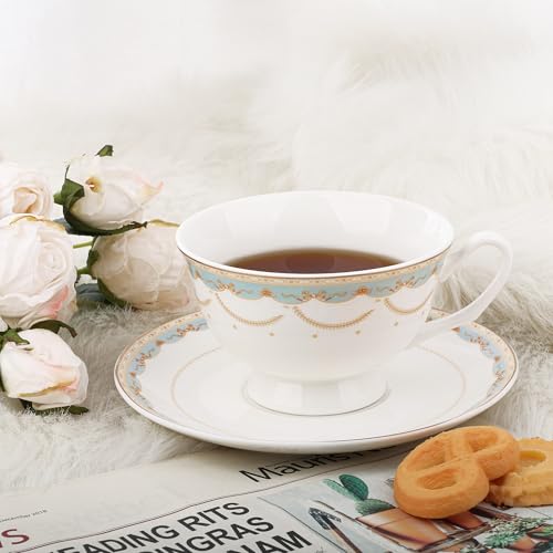 fanquare Blue Lace Tea Cups and Saucers Set of 6 British Bone China Coffee Cup and Plate for Afternoon Tea Party Gifts - Image 5