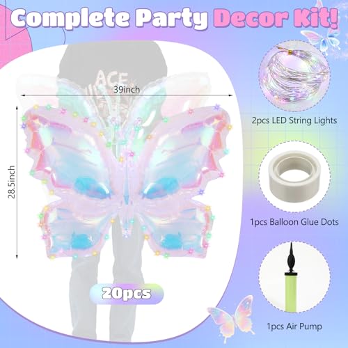 Ballons papillon irisé transparent de 99 cm avec éclairage LED USB pour anniversaire