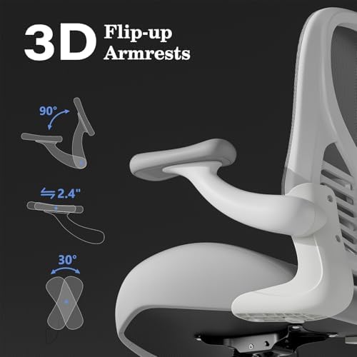 GYI Office Chair Ergonomic, Computer Desk Chair with Memory Foam Seat, Technical Mesh Back, 3D Flip-up Arms, Adjustable Lumbar Support&Height, Wheels for Home or Office, Grey&White - Thumbnail 5