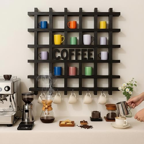 Suzile Oversize Coffee Mug Display Rack Wood Mug Display Shelf with Hooks Coffee Sign Decor up to 32 Mugs for Kitchen Station Bar Living Room Accessories(Black)