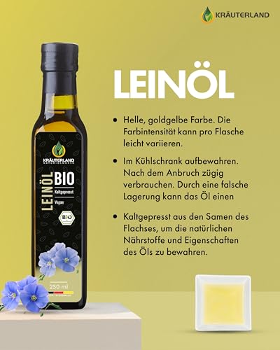 Kräuterland Bio Leinöl 4X250ml (1L), Bio Leinsamen, kaltgepresst, mild & nussig, reich an Lignane und Omega 3-6-9 Fettsäuren, naturrein ohne Zusatzstoffe, glasflasche, mühlenfrisch