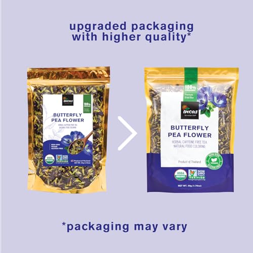 INCAS 100% USDA Organic Butterfly Pea Flower 1.76 oz (150+ Cups) DIRECT FROM SOURCE Thailand Non GMO Verified Dried Caffeine Free Gluten Free Vegan Rich in Antioxidants Free eBook (50G)