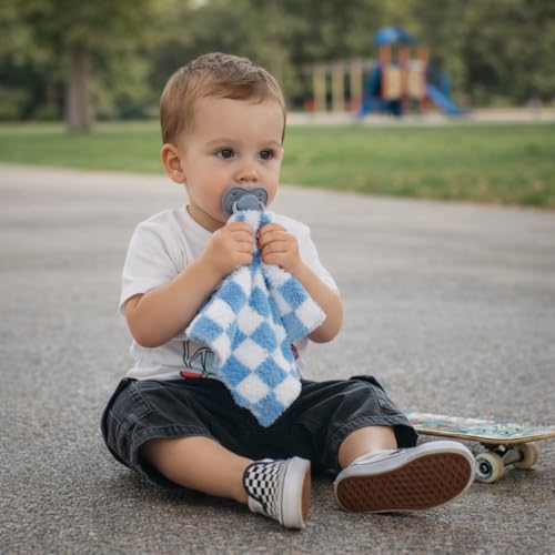 Image of L+L USA Checkered Baby Lovey Pacifier /Teether Holder 10 inchx10 inch - DreamSoft Plush Fluffy Cuddly Soothie Reversible Mini Comfort Blanket - Cute Newborn Gift Essential Babies Boys Girls (Steel Blue /White)