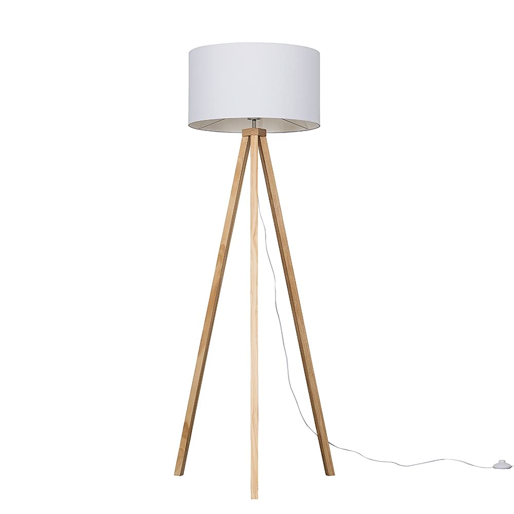 Valuelights Unisex White Barbro Tripod Light Wood Tripod Floor Light Lamp W/ Drum Shade & Led Bulb