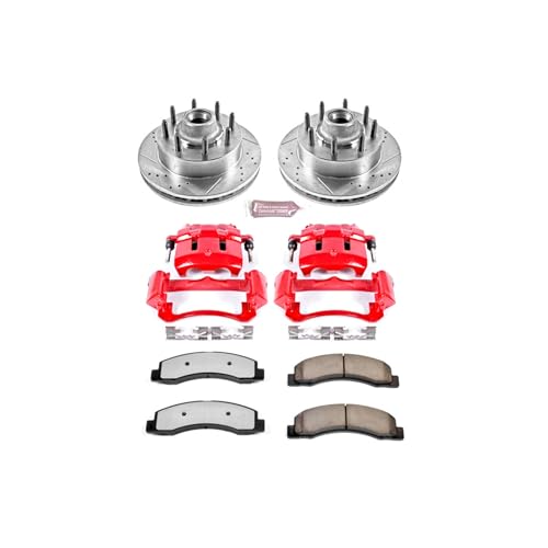 Image of PowerStop Front Brake & Caliper Kit for Ford Excursion 2000-02 |F-250 Super Duty 1999-02 - Drilled & Slotted Disc Rotors + Z36 Brake Pads + Red-Powder Coated Calipers, KC1893-36