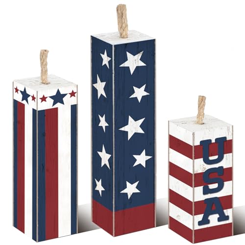 Image of Amyhill 3 Pcs 4th of July Decorations Set Wooden Patriotic Table Centerpieces Independence Day Wood Firework Fourth of July Table Signs for 250th Anniversary Home Farmhouse Decor (Stylish Style)